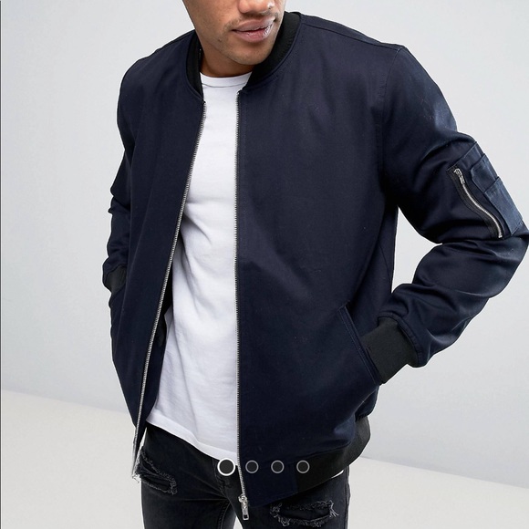 ASOS Bomber Jacket with Sleeve Zip in Navy - Picture 2 of 3